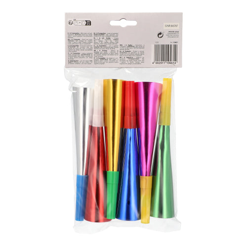 Im transparenten Plastikbeutel der PAPSTAR GmbH befinden sich sechs 18 cm große Party-Trompeten in verschiedenen Metallic-Farben – perfekt für Partys. Produktinformationen finden Sie auf dem weißen Kartonanhänger.
