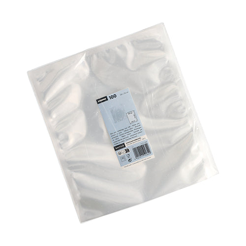 Eine Packung mit 100 transparenten Starpak Siegelrandbeuteln (40 x 30 cm, PA/PE) wird in einer Verpackung mit einem weiß-blauen Etikett geliefert, das Produktinformationen, einen Barcode und die Abbildung eines Vakuumbeutels Lebensmittel enthält.