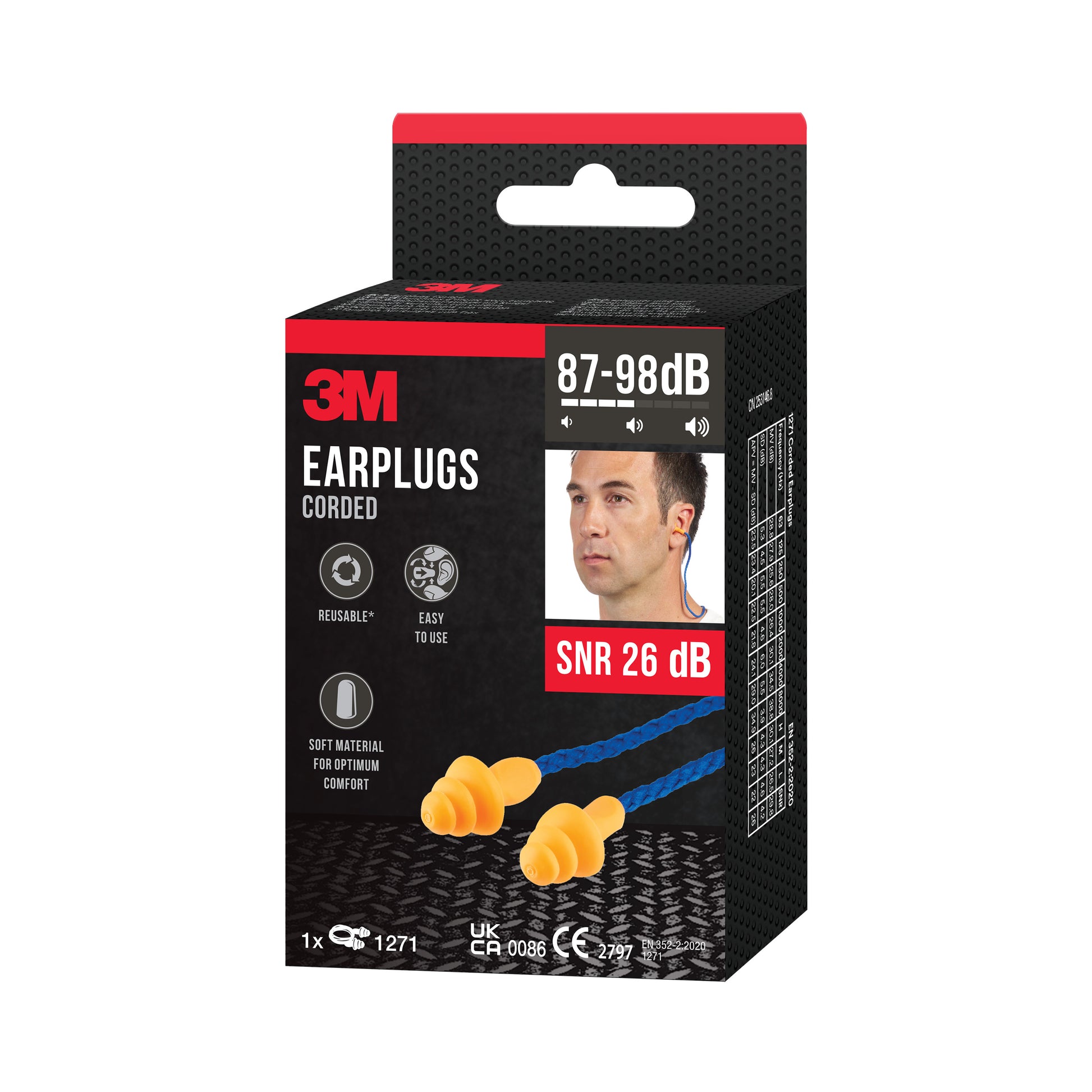 Eine Packung 3M™ Gehörschutzstöpsel mit Kordel 1271 (orange, Drei-Flansch-Design) von 3M Deutschland GmbH, wiederverwendbar und einfach zu handhaben, SNR 26 dB zur Lärmminderung, aus weichem Material für hohen Tragekomfort.