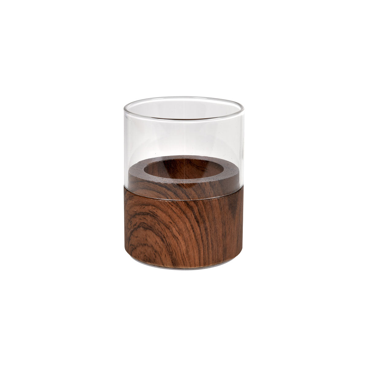 Der Kerzenhalter Glas Neat 70 x 61 mm von Duni GmbH ist ein Kerzenhalter aus klarem Glas mit einem braunen Holzsockel, ideal als stilvolles Wohnaccessoire, das vor einem schlichten weißen Hintergrund steht.