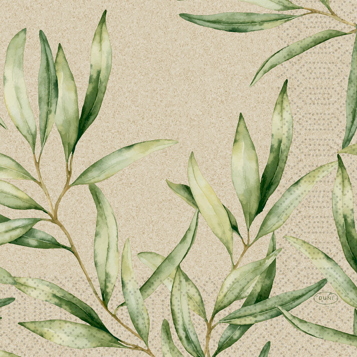 Aquarelliertes Laubmotiv mit grünen, belaubten Zweigen auf beige gepunktetem Hintergrund, ideal für Duni GmbH Zelltuchservietten 33 x 33 cm 3lagig 1/4 Falz Laub (250 Stück).