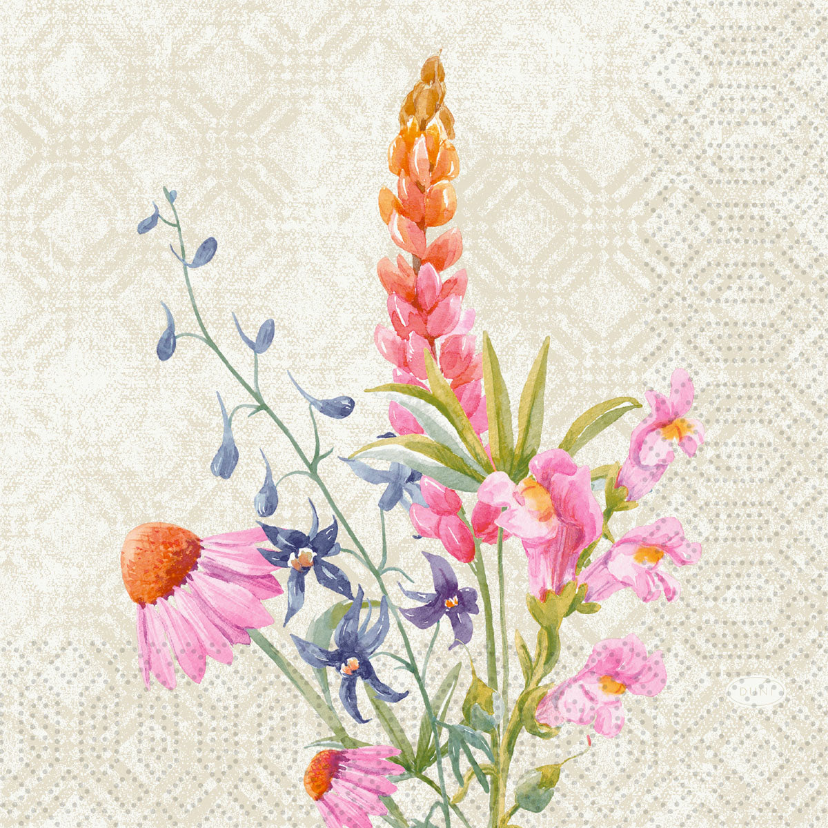Die Serv.33x33 3lg 1/4 Floret 250P. von Duni GmbH zeigt ein Floret Design Aquarell von Wildblumen - rosa Kegelblumen, blaue Sternblumen und eine orange-rosa Lupine - auf beige gemusterten 3-lagigen Servietten (33x33 cm, Packung mit 250 Stück).