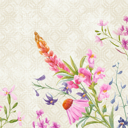 Aquarellierte Wildblumen in Rosa, Lila und Orange mit grünen Stielen bilden ein Floret-Muster auf hellbeigem Hintergrund. Ideal für elegante Papierservietten wie Serv.40x40 4lg Klassik Floret 50P. von Duni GmbH (Packung mit 50 Stück).