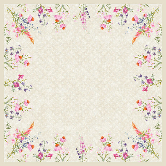 Ein hellbeiges Dunicel-Mitteld.84x84 Floret 20P. von Duni GmbH zeigt eine florale Bordüre in Rosa, Lila und Orange mit grünen Blättern, wobei die Mitte leer bleibt - perfekt für eine stilvolle Tischdekoration; Packung enthält 20 Stück.