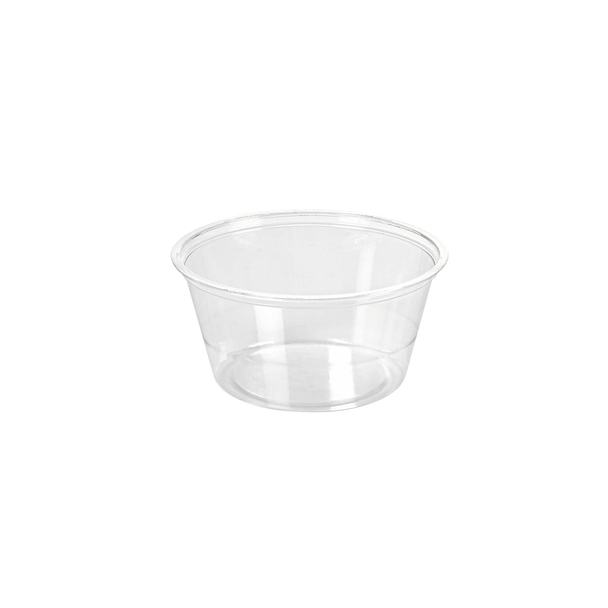 Der Dressingbecher 100 ml der Duni GmbH aus transparentem rPET mit breiter Öffnung und ohne Deckel (74x74x35 mm) ist auf einem schlichten weißen Hintergrund abgebildet. Packungsgröße: 200 Stück.