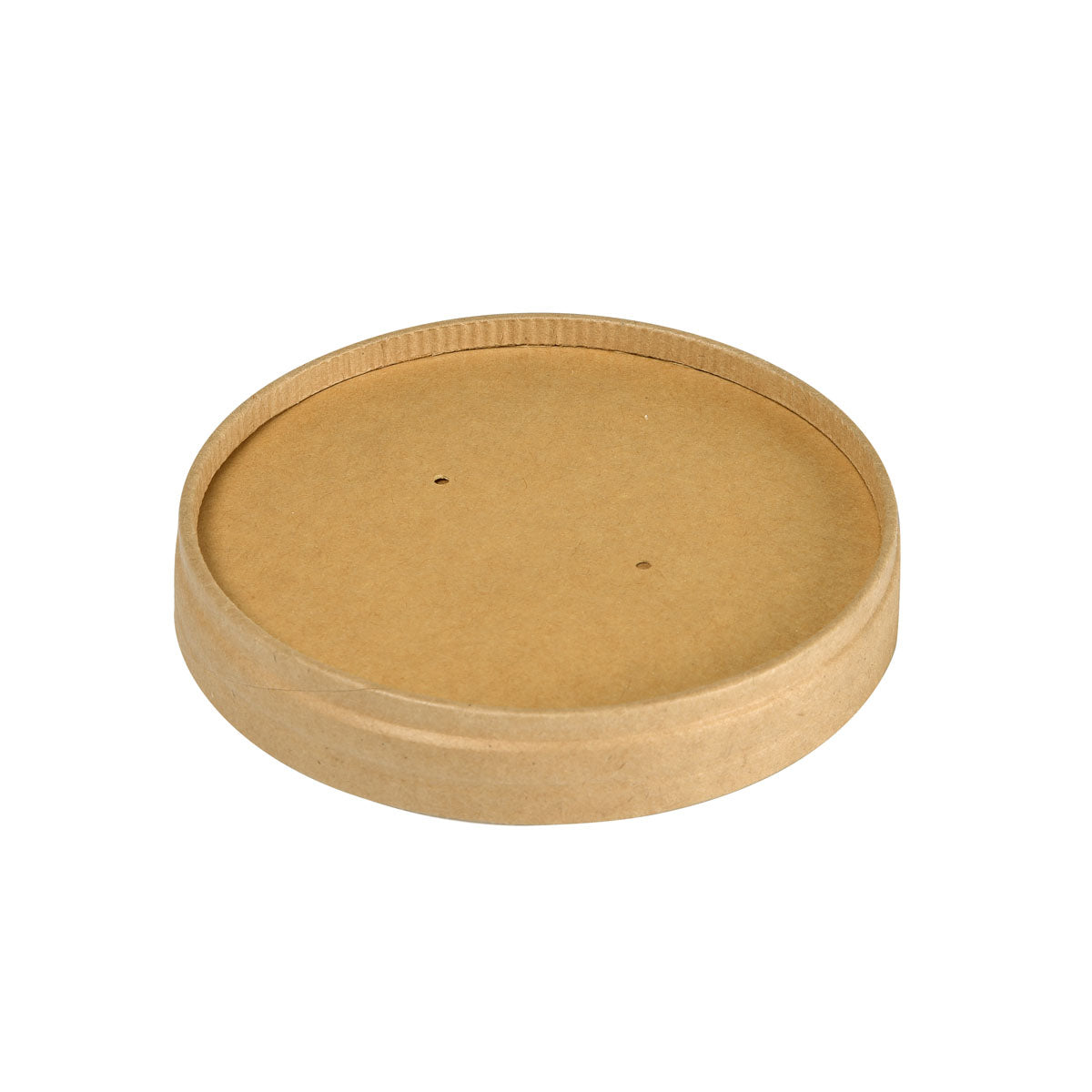 Ein runder, brauner FSC/PLA-Kartondeckel (90x90x16 mm) mit leichtem Rand und zwei Löchern, entworfen von der Duni GmbH, passend für den Ronda SHORT Becher 240/360 ml. Packung: 25 Stück.