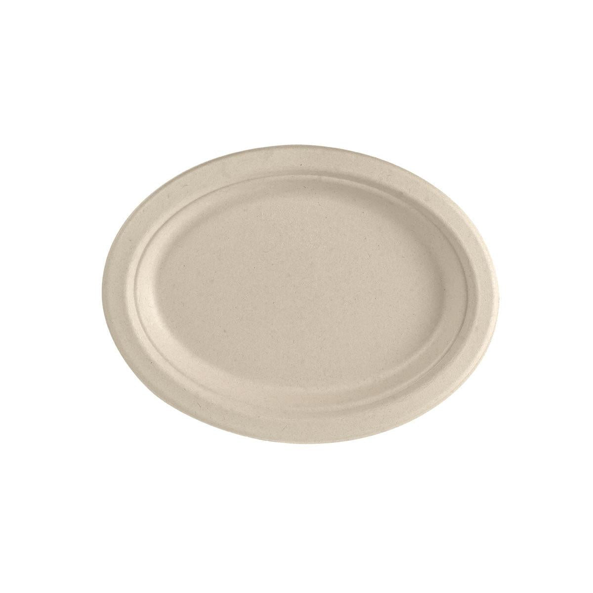 Ein ovaler, brauner Bagasse-Teller ø 26 cm der Marke Duni GmbH ist abgebildet. Der umweltfreundliche Einwegteller aus biologisch abbaubarem Material liegt vor weißem Hintergrund. Packung mit 50 Stück.