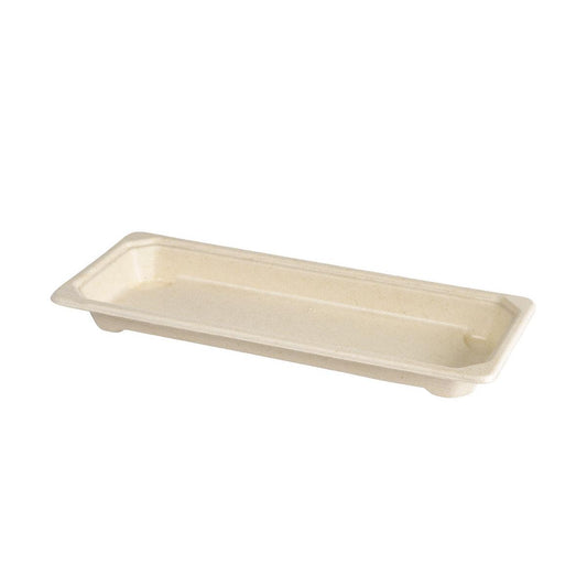 Ein schlankes, rechteckiges Bagasse-Sushi-Tablett in Braun (225 ml, 221x92x22 mm) von Duni GmbH, hergestellt aus umweltfreundlicher Bagasse mit erhöhten Kanten und abgerundeten Ecken. Wird in einer Packung mit 100 Stück auf weißem Hintergrund geliefert.