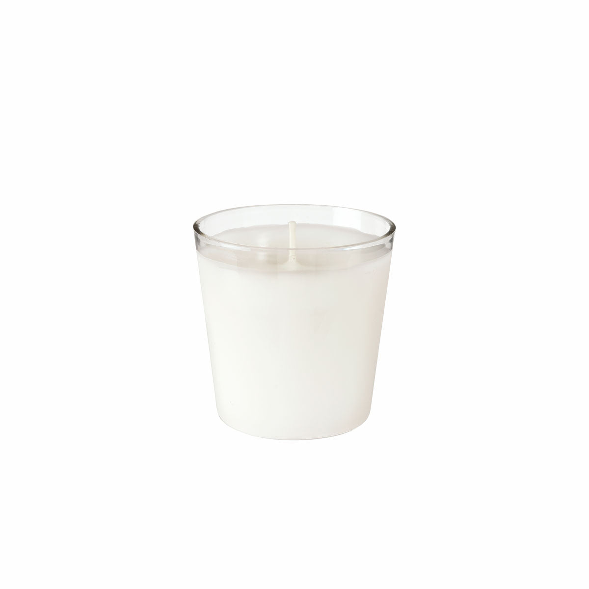 Eine Schwan-zertifizierte, weiße Nachfüller Switch & Shine Kerze (ca. 30h, 65x65mm) der Duni GmbH, dargestellt in einem klaren, runden Glas auf weißem Hintergrund - ideal für nachhaltige Duftlösungen. Verkauft in 6er-Packungen.