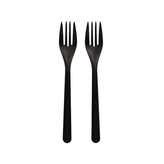 Zwei Circulware by Haval Gabeln (Mehrweg) PP 18,5 cm schwarz extra stabil stehen aufrecht vor einem schlichten weißen Hintergrund. Jede hat vier Zinken und ein identisches Design, was ihre Haltbarkeit und Eignung als recyclebare Gabeln für den wiederholten Gebrauch unterstreicht.
