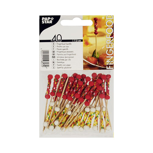 Das PAPSTAR 40 Fingerfood-Picker Set 7,5 cm „Mexiko“ beinhaltet 40 Spieße mit rot-weißen Perlen im Mexiko-Design, sichtbar durch die Klarsichtverpackung. Marke: PAPSTAR GmbH.