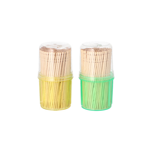 Die PAPSTAR 400 Fingerfood-Picker rund 6,5 cm im Spender (400 Stück, von PAPSTAR GmbH) kommen in durchsichtigen Behältern mit grünem und gelbem Boden, gefüllt mit Holzspießen – ideal für Partys und Buffets.