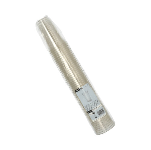 Ein Stapel Starpak 50 Trinkbecher "Hurricane" PET-Glasklarbecher ist in einer Klarsichtverpackung verpackt, auf deren Vorderseite ein Etikett mit Produktinformationen angebracht ist.