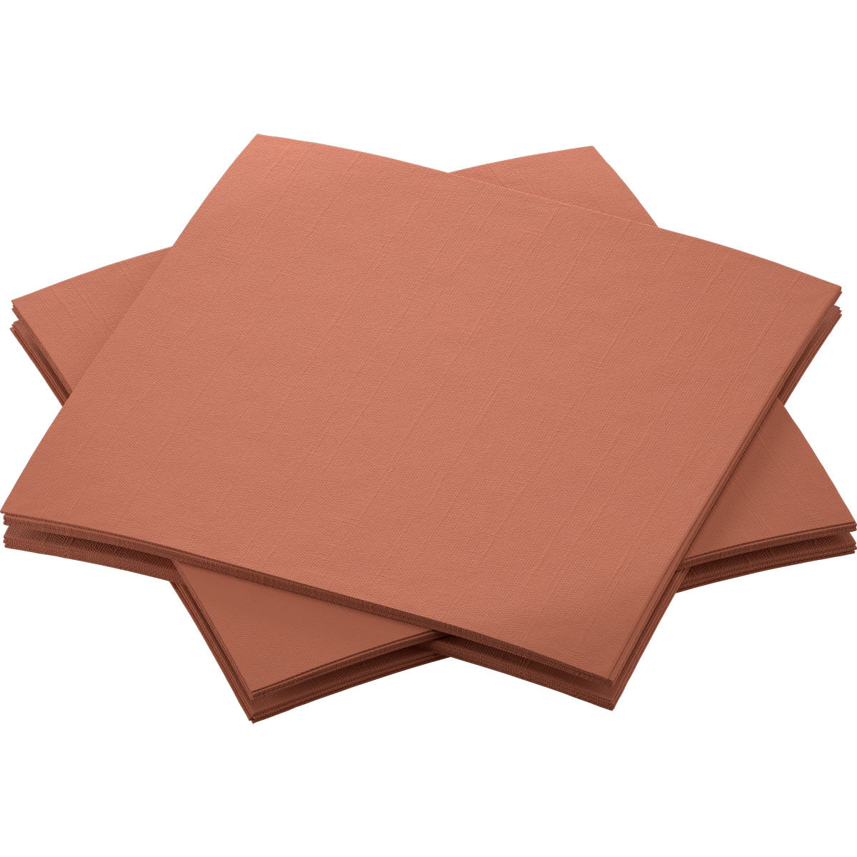 Vier Stapel Dunisoft-Servietten 20 x 20 cm der Duni GmbH in Braun sind auf weißem Hintergrund überlappend und ordentlich angeordnet. Die unbenutzten Servietten zeigen ein dezentes Strukturmuster.