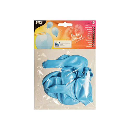 Eine Packung mit 10 blauen PAPSTAR 10 Luftballons Ø 25 cm von der PAPSTAR GmbH in einer durchsichtigen Kunststoffverpackung mit einem bunten Etikett mit Produktnamen und Ballonbildern, perfekt zur Dekoration.