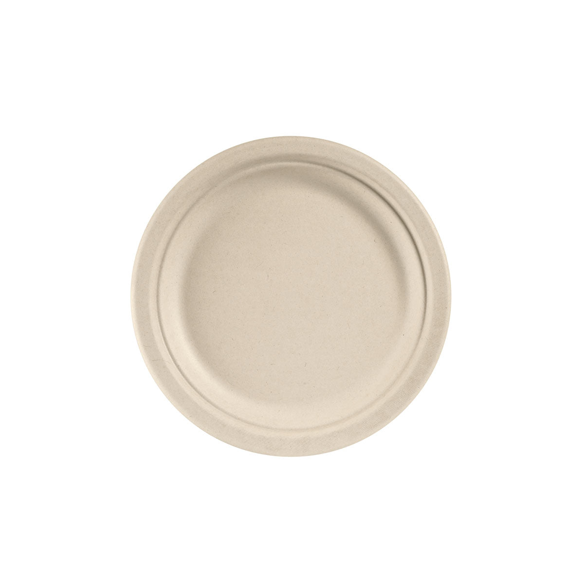Der Duni GmbH Teller ø 22 cm Braun Bagasse Ø220 (Packung à 50 Stück), unbeschichtet und biologisch abbaubar, ist von oben auf weißem Hintergrund dargestellt.