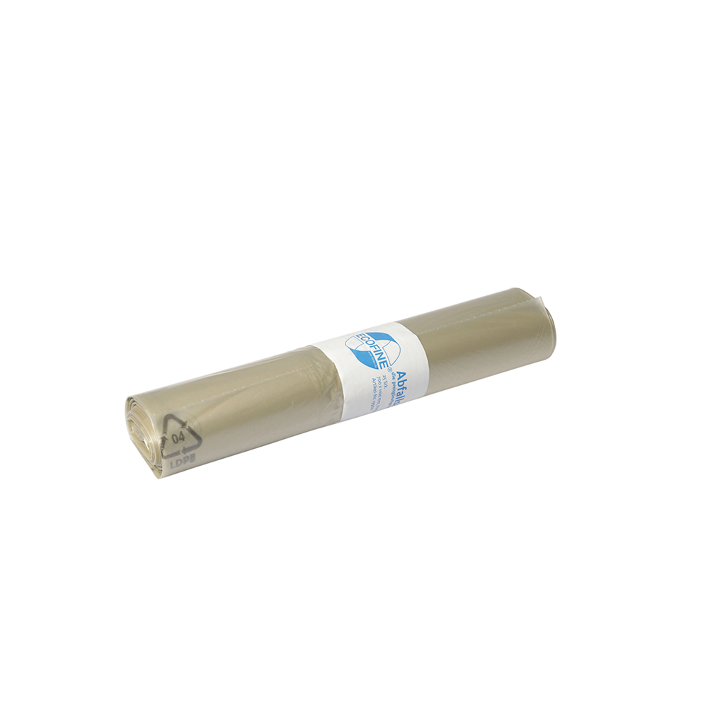 Eine kleine Rolle DEISS Abfallsäcke 700x1100 mm, 120 l, aus Recycling-LDPE/LLDPE von EMIL DEISS KG (GmbH + Co.), in beige mit weißem Etikett und blauer Beschriftung, liegt auf weißem Hintergrund.