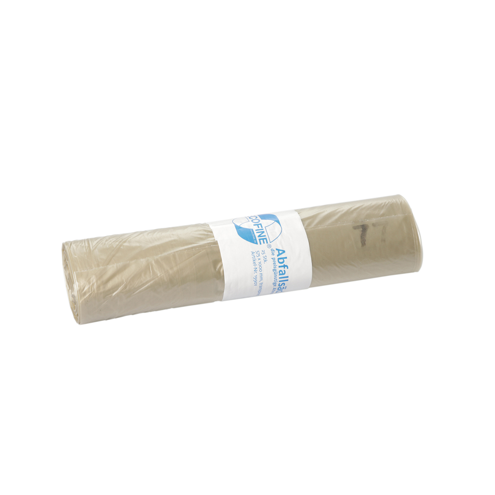 Eine Rolle EMIL DEISS KG (GmbH + Co.) DEISS Abfallsäcke 575x1000 mm, 120 l, aus Recycling-LDPE/LLDPE, ist in klarem Kunststoff mit weißem Etikett und blauem Text verpackt, abgebildet auf einem einfarbig weißen Hintergrund.