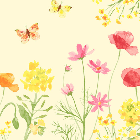 Aquarellierte Wildblumen in Gelb, Rosa und Orange mit Schmetterlingen auf cremefarbenem Hintergrund - ideal für Duni GmbH Serv.40x40 4lg Klassik Poppy Field 50P. | Packung (50 Stück), um jeden besonderen Anlass zu verschönern.