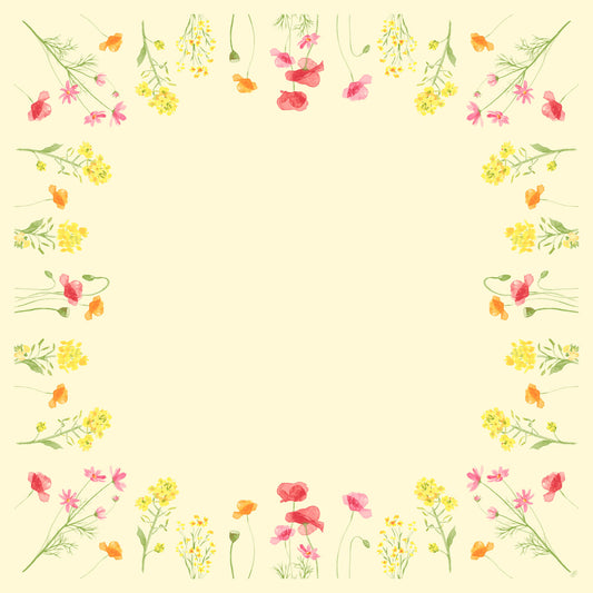 Ein quadratischer Rahmen, inspiriert von einem Mohnfeld, mit gelben, rosa und orangefarbenen Aquarellblumen auf einem hellen cremefarbenen Hintergrund. Ideal zum Hinzufügen von Text oder zur Dekoration Ihrer Tischdekoration. Dunicel-Mitteld.84x84 Mohnfeld 20P. von Duni GmbH (20 Stück).