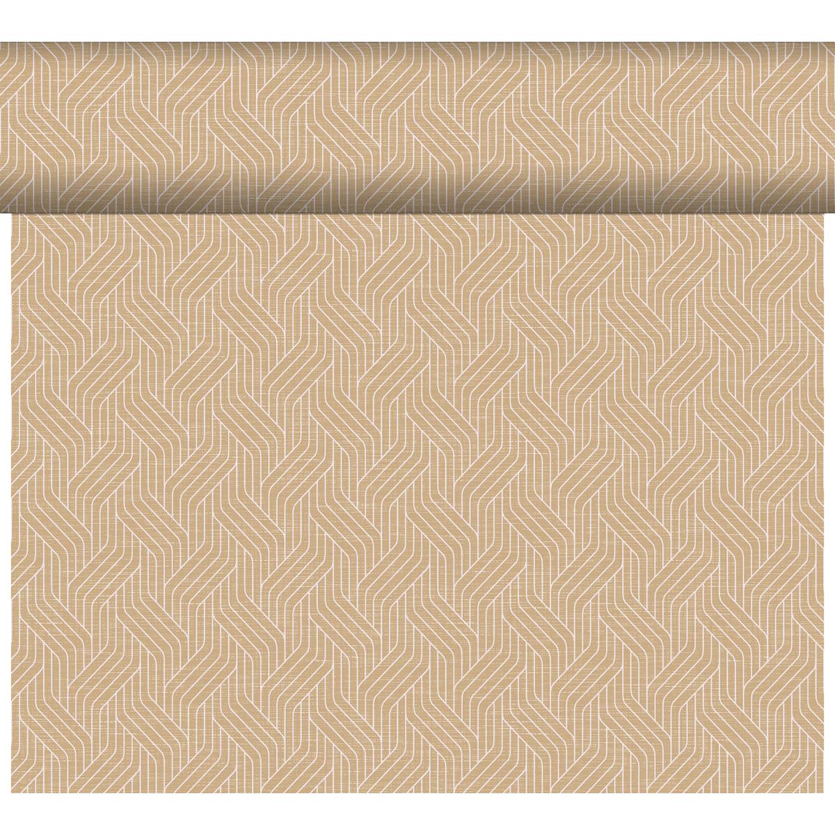 Der Dunicel-Tischläufer Tête-à-Tête (24 m x 0,4 m, 20 Abschnitte) der Duni GmbH besticht durch sein geometrisches Fischgrätmuster in Beige und Creme - ideal als stilvolle Kulisse für Tête-à-Tête oder elegante Tischdekoration.
