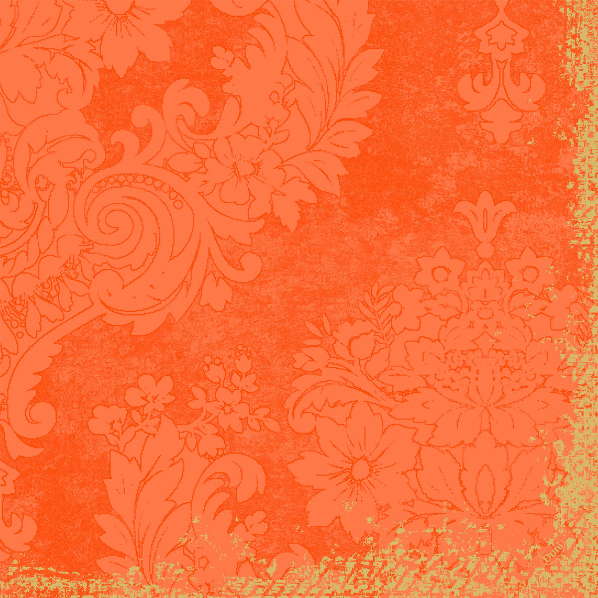 Verschnörkelte Blumen- und Blattmotive in verblichenem Orange schmücken eine strukturierte Oberfläche. Die ausgefransten Kanten verleihen diesen Duni GmbH Klassikservietten 40 x 40 cm 4-lagig, geprägt 1/4 Falz den eleganten Reiz einer Vintage-Tapete.