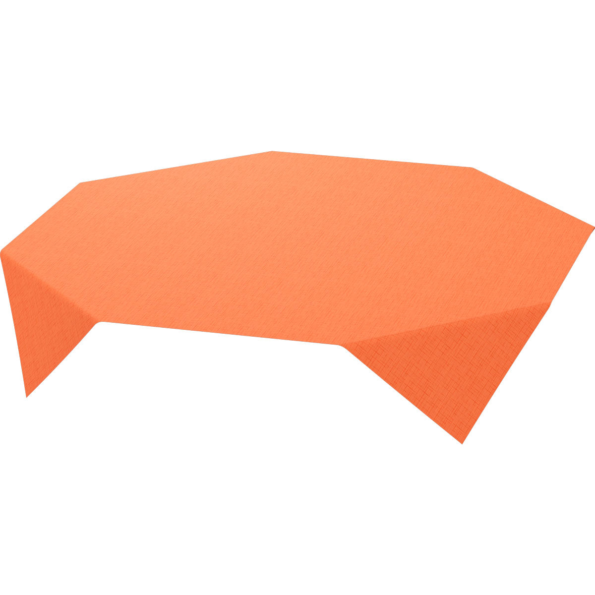Ein leuchtend sonnenoranger, achteckiger Tisch ist mit einer 84 x 84 cm großen Dunisilk-Mitteldecke "Linnea" der Duni GmbH (Packung: 20 Stück) drapiert und vor einem weißen Hintergrund fotografiert.