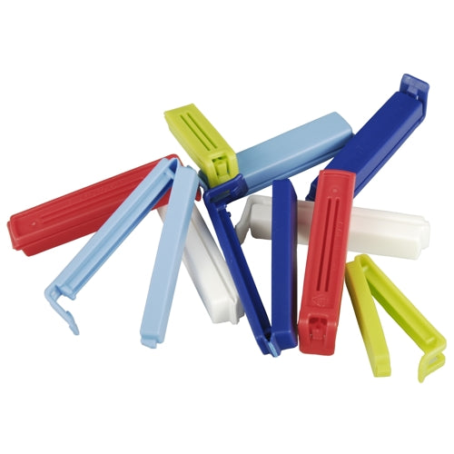 Ein Set mit 10 bunten Starpak Verschluss-Clipse aus PP-Material (rot, blau, hellblau, weiß, grün) liegt auf weißer Fläche – ideal zum Verschließen von Lebensmittelverpackungen.