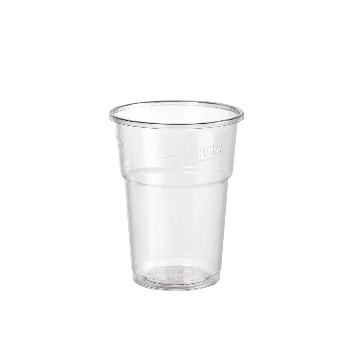 Der Glas, PLA, Füllstrich Transparent PLA Becher der Duni GmbH ist ein klarer Kunststoffbecher mit glatter, glasartiger Oberfläche und leicht ausgestelltem Rand, der leer auf weißem Hintergrund abgebildet ist.