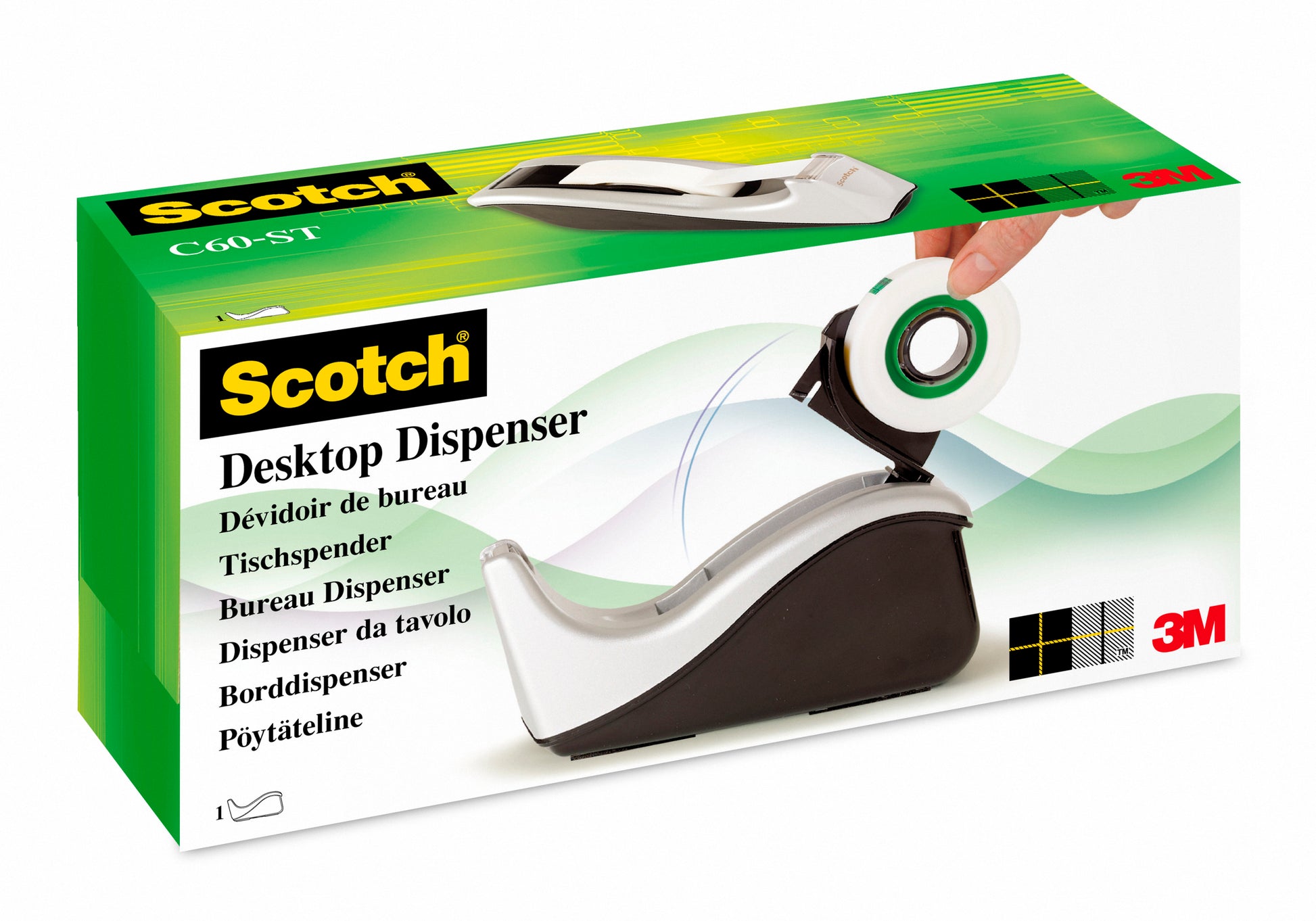 Ein Karton für den Scotch™ Klebeband-Abroller C60 + Scotch® Magic™ Unsichtbares Klebeband (19 mm x 33 mm) der 3M Deutschland GmbH zeigt eine Hand, die das Klebeband in den weiß-grauen Abroller einlegt, mit mehrsprachiger Beschriftung und einem 3M-Logo in der Ecke.