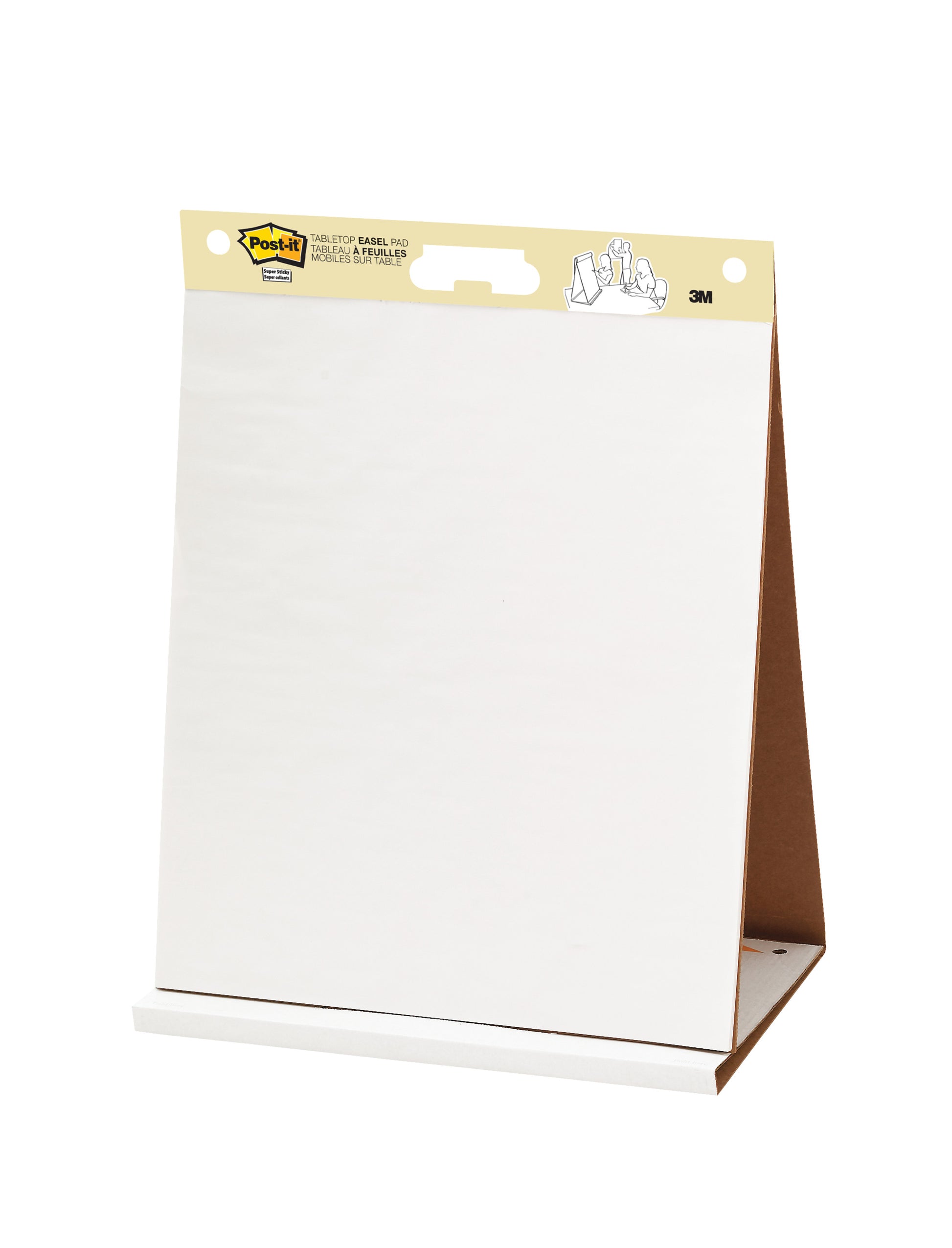 Der 3M Post-it® Super Sticky Meeting Chart/Flipchart besteht aus 20 weißen, leeren Blättern pro Block, misst 58,4 cm x 50,8 cm und steht aufrecht auf einer Pappunterlage mit einem gelben Etikett mit Produktinformationen. Die Packung enthält 6 Blöcke.
