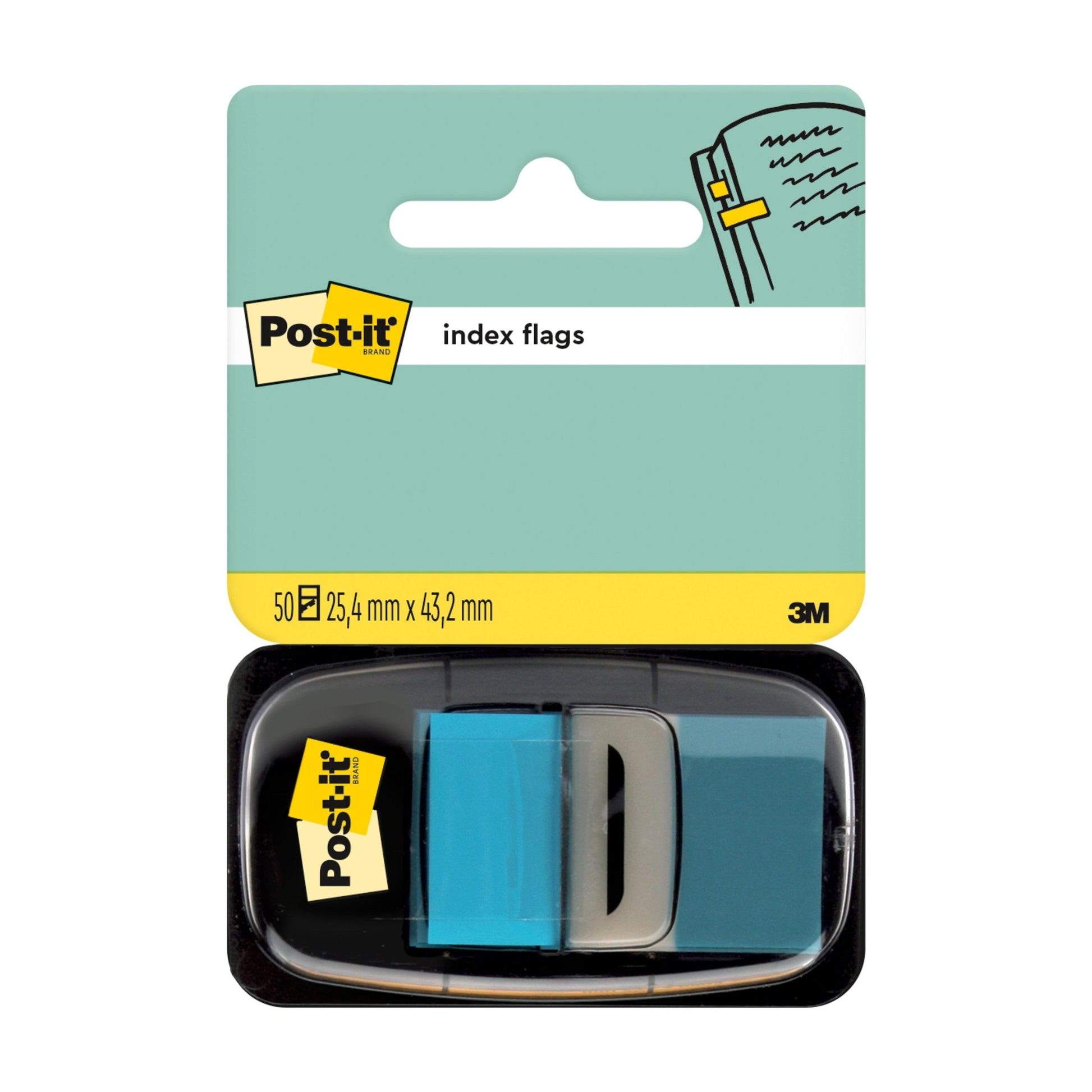 Eine Packung 3M Deutschland GmbH Post-it® Index Haftstreifen, Standard (25,4 mm x 43,2 mm), enthält 50 Haftstreifen in den Farben blau, grau und türkis. Auf der Verpackung sind das Post-it-Logo und ein Bild zur Markierung von Seiten in einem Dokument abgebildet.