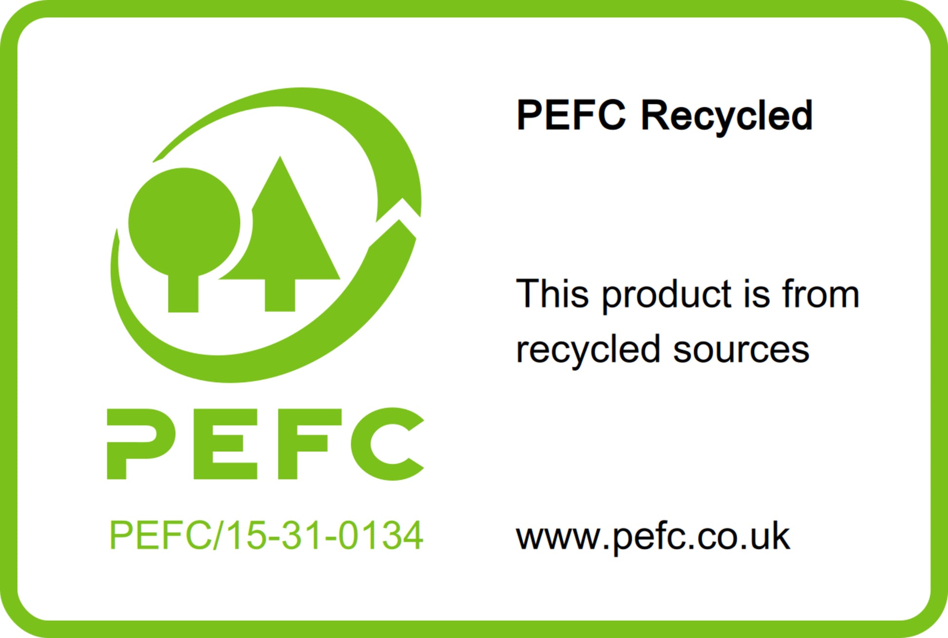 Die Post-it® Recycling Notes (76mm x 76mm, 100 Blatt, 100% PEFC) der 3M Deutschland GmbH sind mit einem grünen PEFC Recycled Label, dem Code "PEFC/15-31-0134" und www.pefc.co.uk auf weißem Hintergrund versehen.