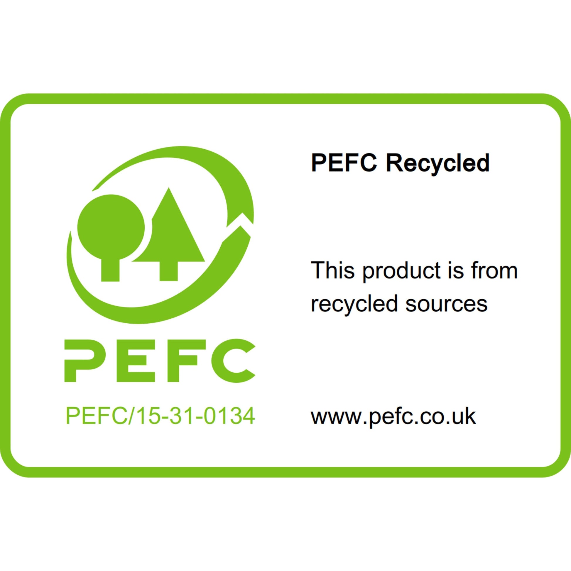 Das PEFC Recycled-Etikett auf den Post-it® Recycling Notes der 3M Deutschland GmbH (76x76 mm, 100 Blatt, 100 % PEFC) zeigt ein Pfeil-und-Baum-Logo, PEFC Recycled", die Zertifizierungsnummer und www.pefc.co.uk als Nachweis für die recycelte Herkunft.