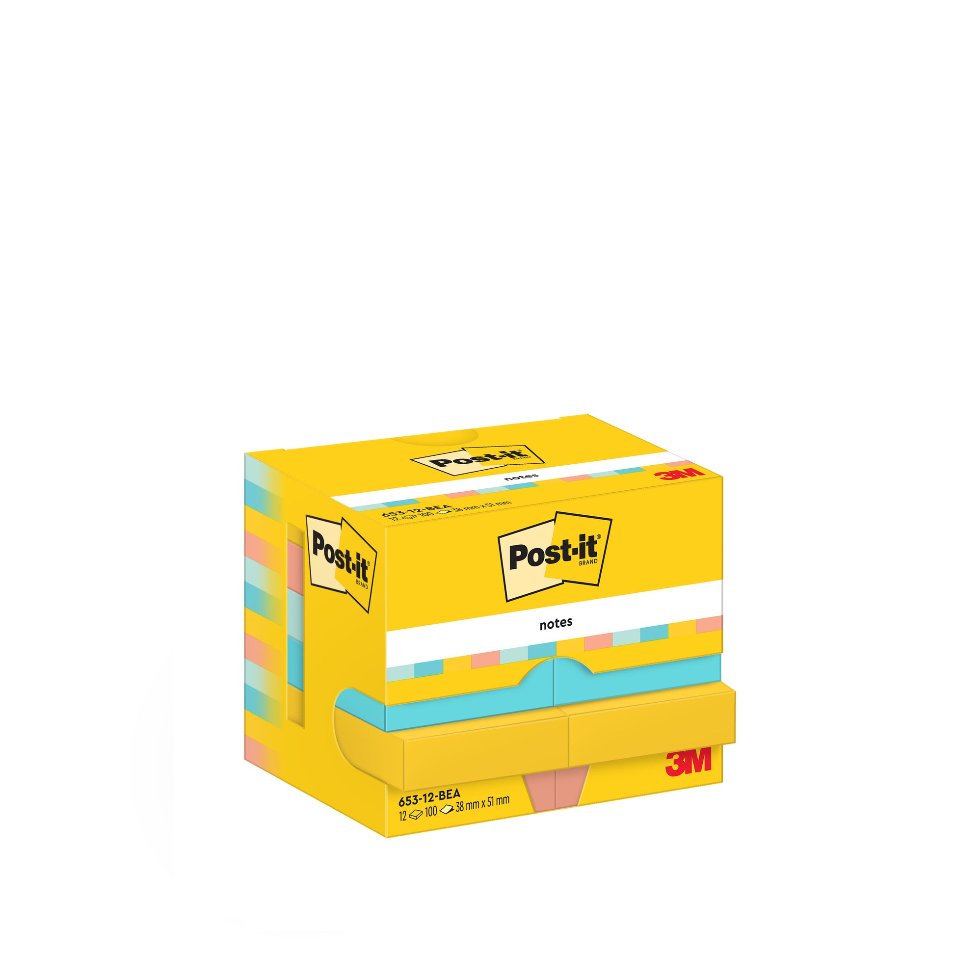 Ein gelber Karton mit 3M Deutschland GmbH Post-it® Notes, Beachside Collection (38x51 mm, 100 Blatt/Pad, 12 Blöcke/Packung), mit pastellfarbenen Zetteln im Inneren und dem Logo auf der Ober-/Vorderseite. Abgebildet auf einfarbig weißem Hintergrund.