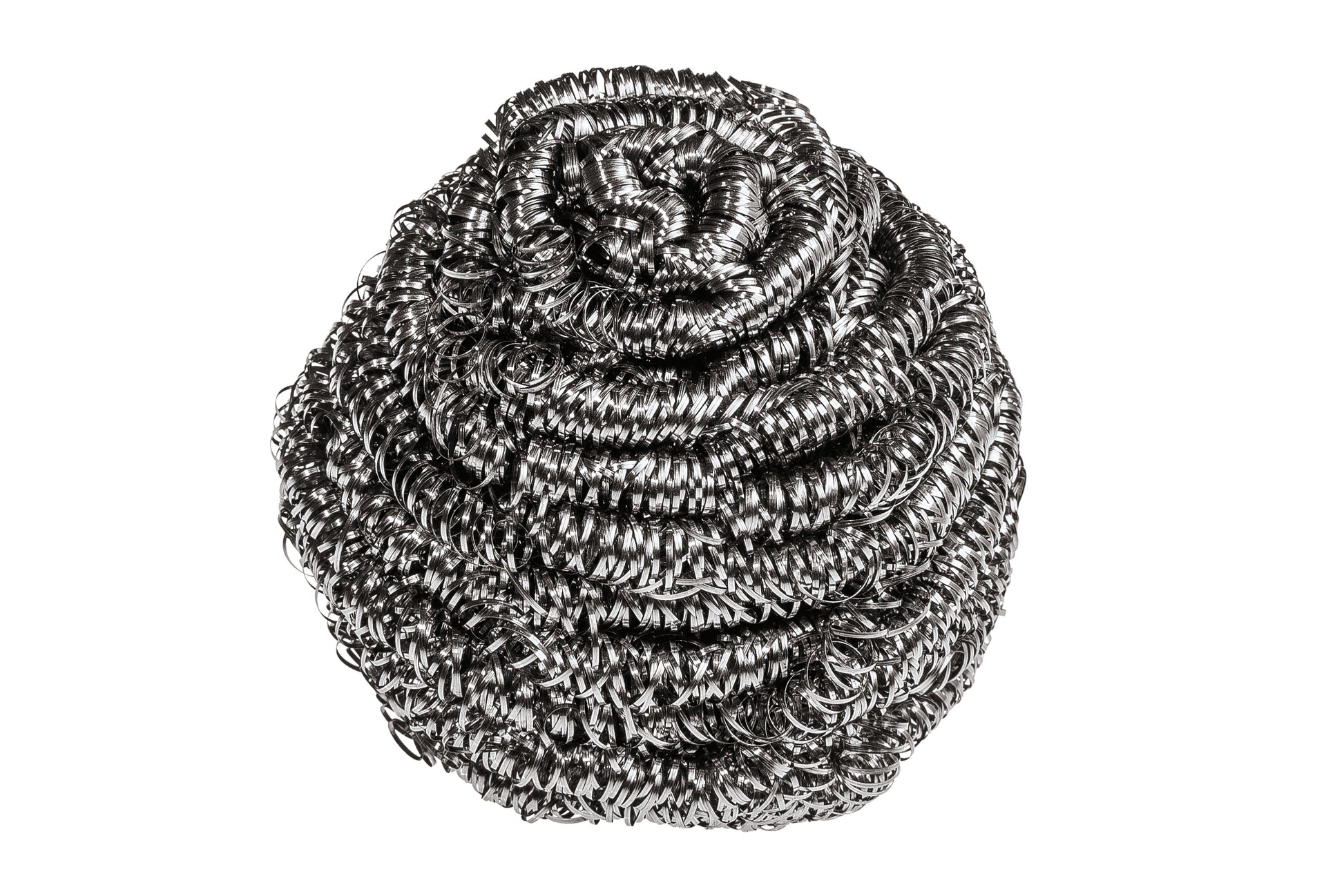 Eine Scotch-Brite® Edelstahl-Spirale von 3M Deutschland GmbH für die Reinigung von Töpfen und Pfannen ist vor weißem Hintergrund zu sehen. Die Packung enthält 3 Stück.