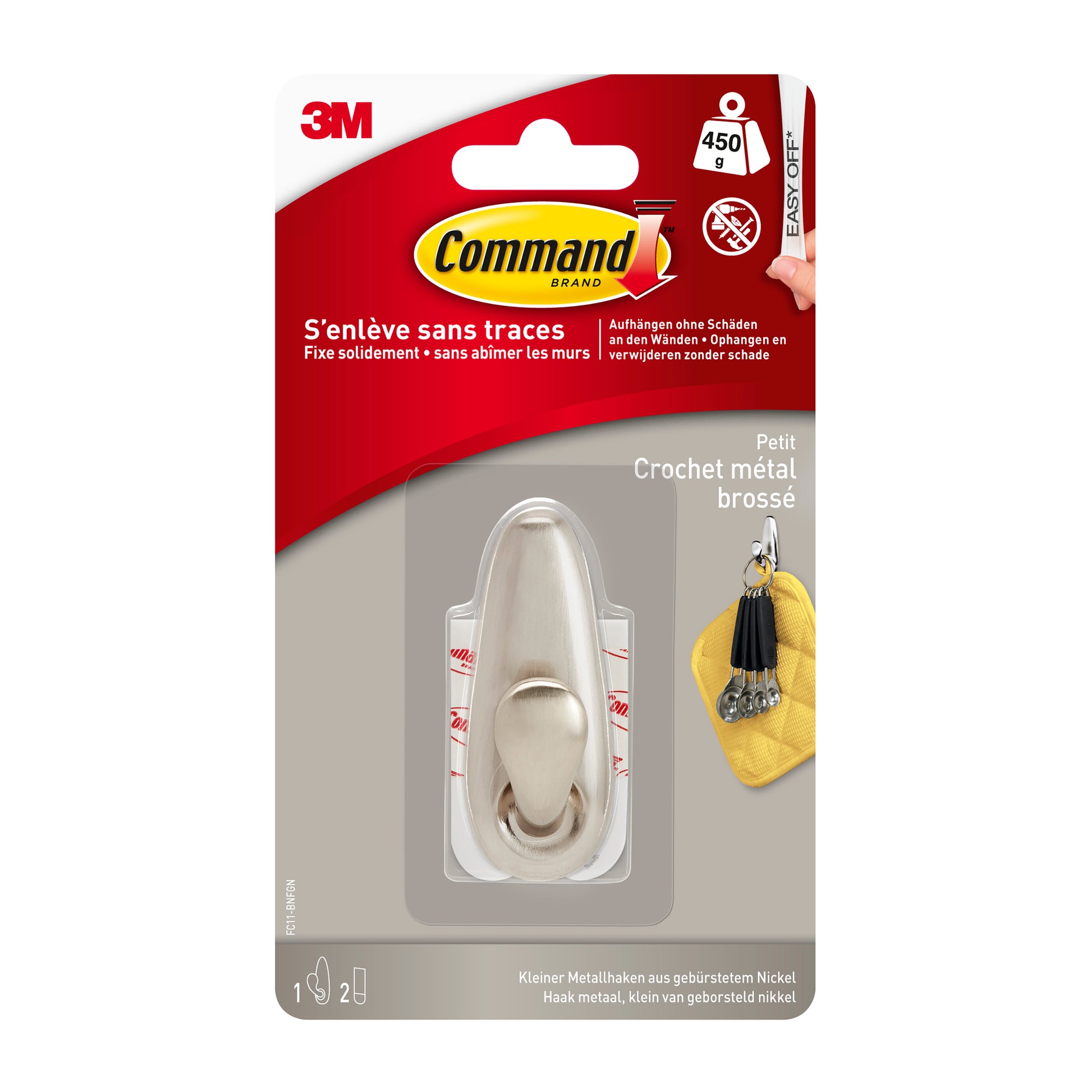 Der Command™ Metallhaken "klassisch" der 3M Deutschland GmbH, in rot-weißer Verkaufsverpackung mit französischem Text, fasst bis zu 450g und ist mit Schlüsseln und einem Anhänger abgebildet.