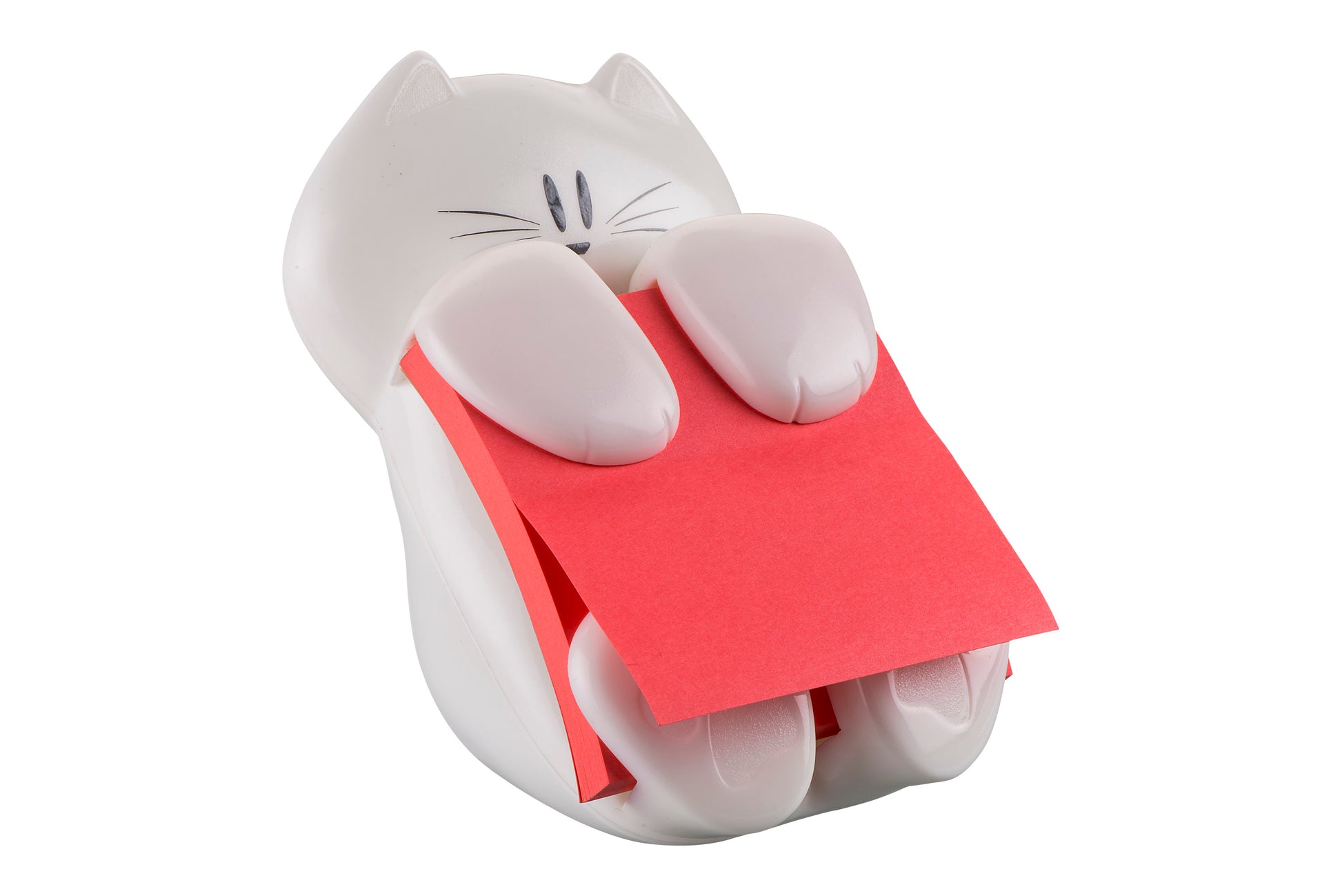 Der 3M Post-it® Z-Notes Dispenser Katze in Weiß hält einen Block pinker, 76 x 76 mm großer Post-it® Super Sticky Z-Notes zwischen den Pfoten. Die Packung enthält einen Spender und einen Block mit 90 Blatt.