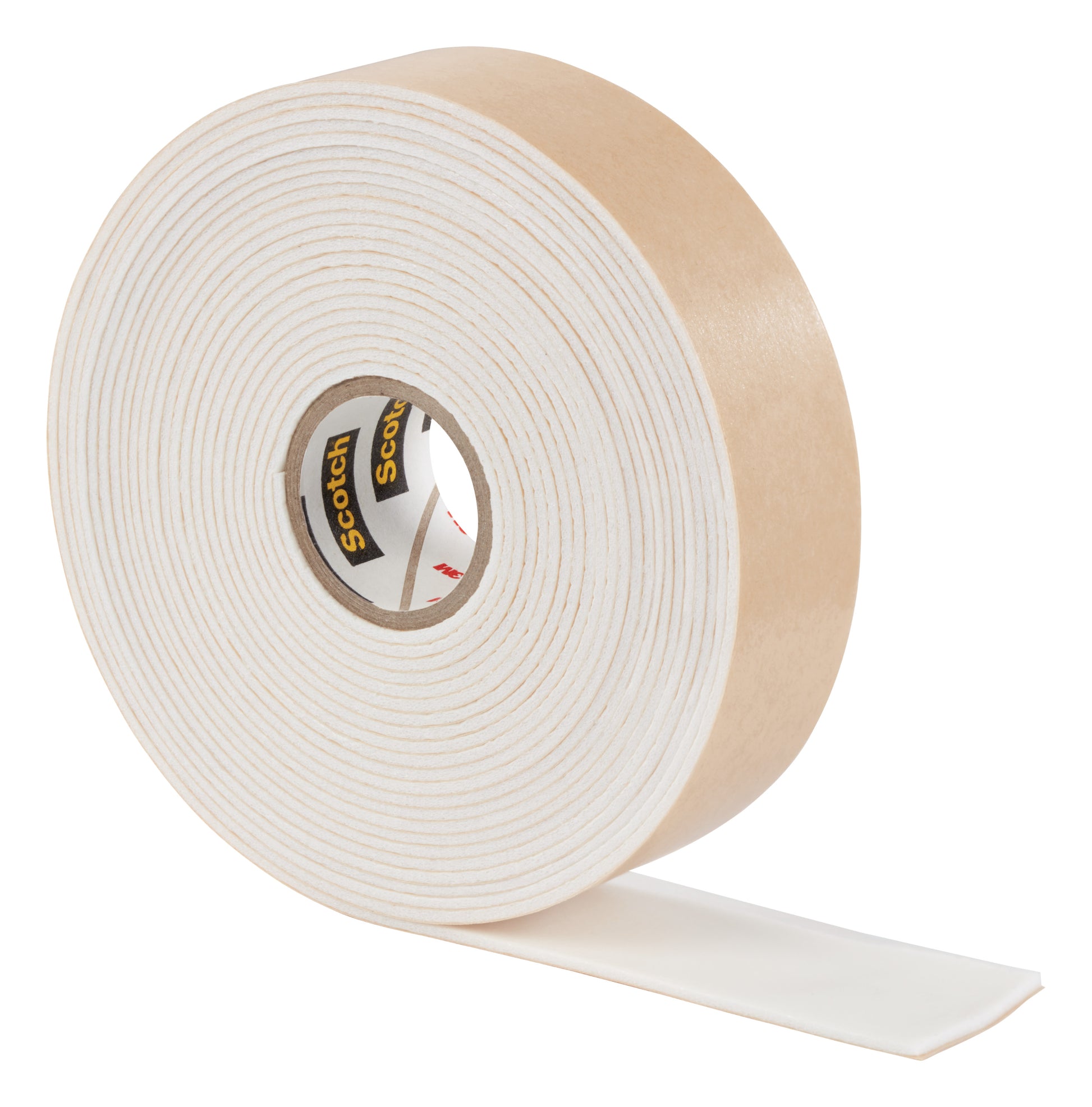 Eine große Rolle Scotch-FIX™ Spiegelmontageband 4496W von 3M Deutschland GmbH mit beigem Papierträger ist teilweise abgerollt. Das Band, ideal zum Spiegel befestigen, trägt auf dem inneren Kern das Branding "Scotch".