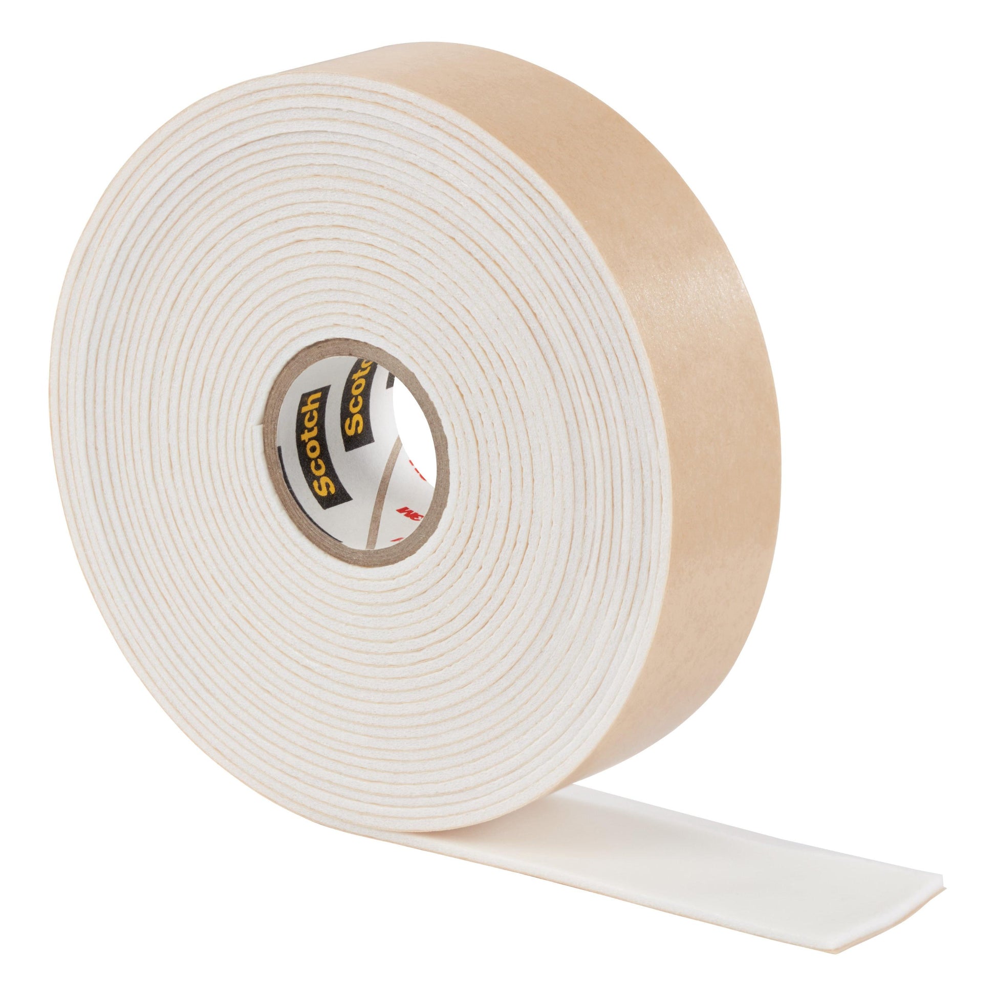 Eine große Rolle Scotch-FIX™ Spiegelmontageband 4496W von 3M Deutschland GmbH mit beigem Papierträger ist teilweise abgerollt. Das Band, ideal zum Spiegel befestigen, trägt auf dem inneren Kern das Branding "Scotch".