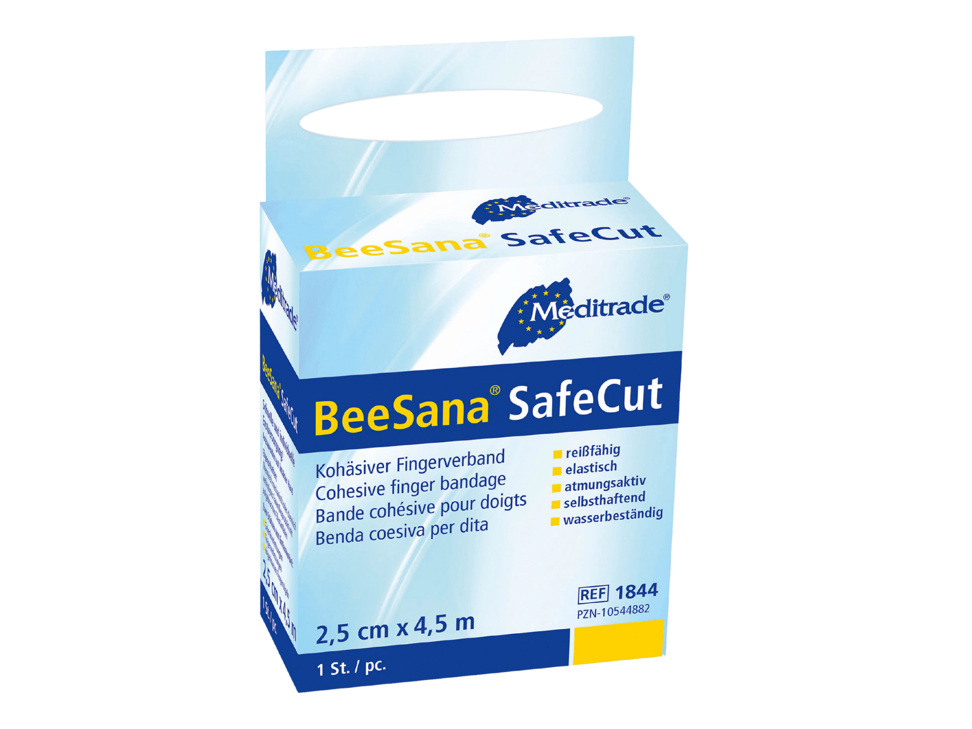 Eine Packung mit 150 Stück BeeSana® SafeCut Fingerpflasterverband der Meditrade GmbH, mit mehrsprachigen Produktdetails auf blauem, weißem und gelbem Hintergrund.