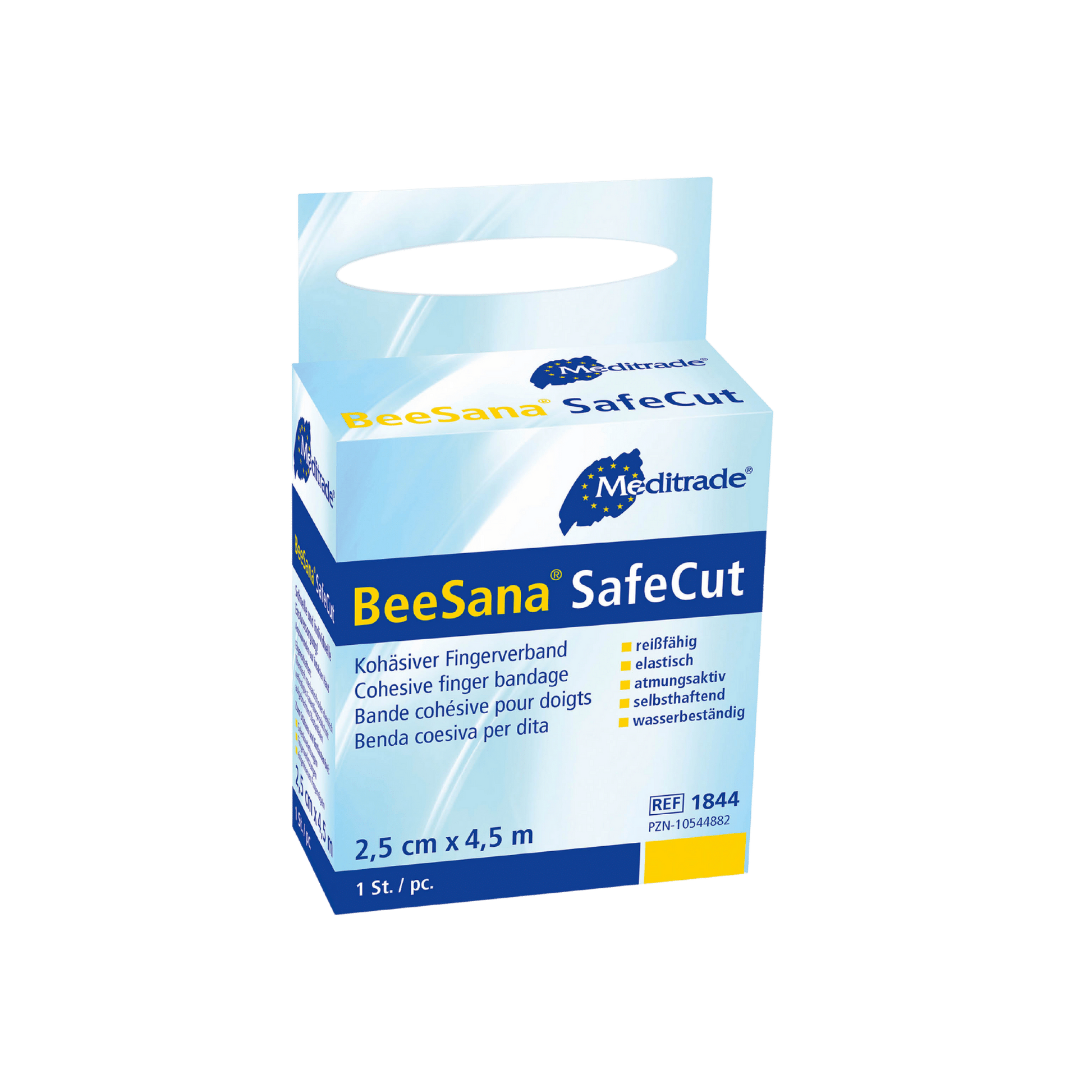 Auf einem blau-weißen Karton der Meditrade GmbH mit der Aufschrift „Auslaufartikel: BeeSana® SafeCut Fingerpflasterverband“ (150 Stück) sind Produktdetails, Größe (2,5 cm x 4,5 m) und wichtige Merkmale zur Anwendung als Fingerpflaster in mehreren Sprachen abgebildet.
