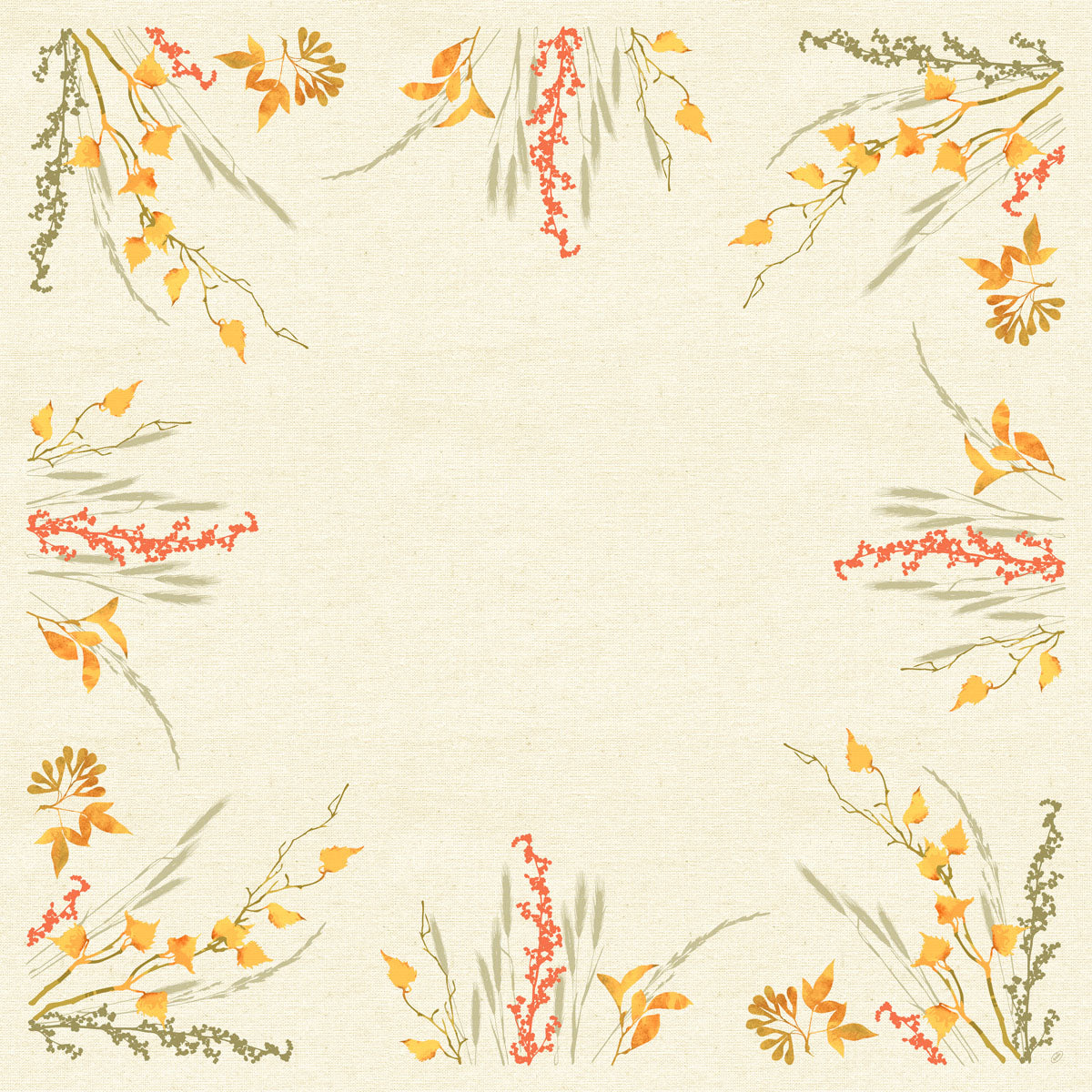 Die Dunicel-Mitteldecke 84x84cm Fall Beauty von Duni GmbH ist eine quadratische beige Tischdecke mit gelb-orangefarbenen Blättern, roten Beeren und grün-grauem Gras im Aquarell-Stil an den Rändern und Ecken; die Mitte bleibt frei.