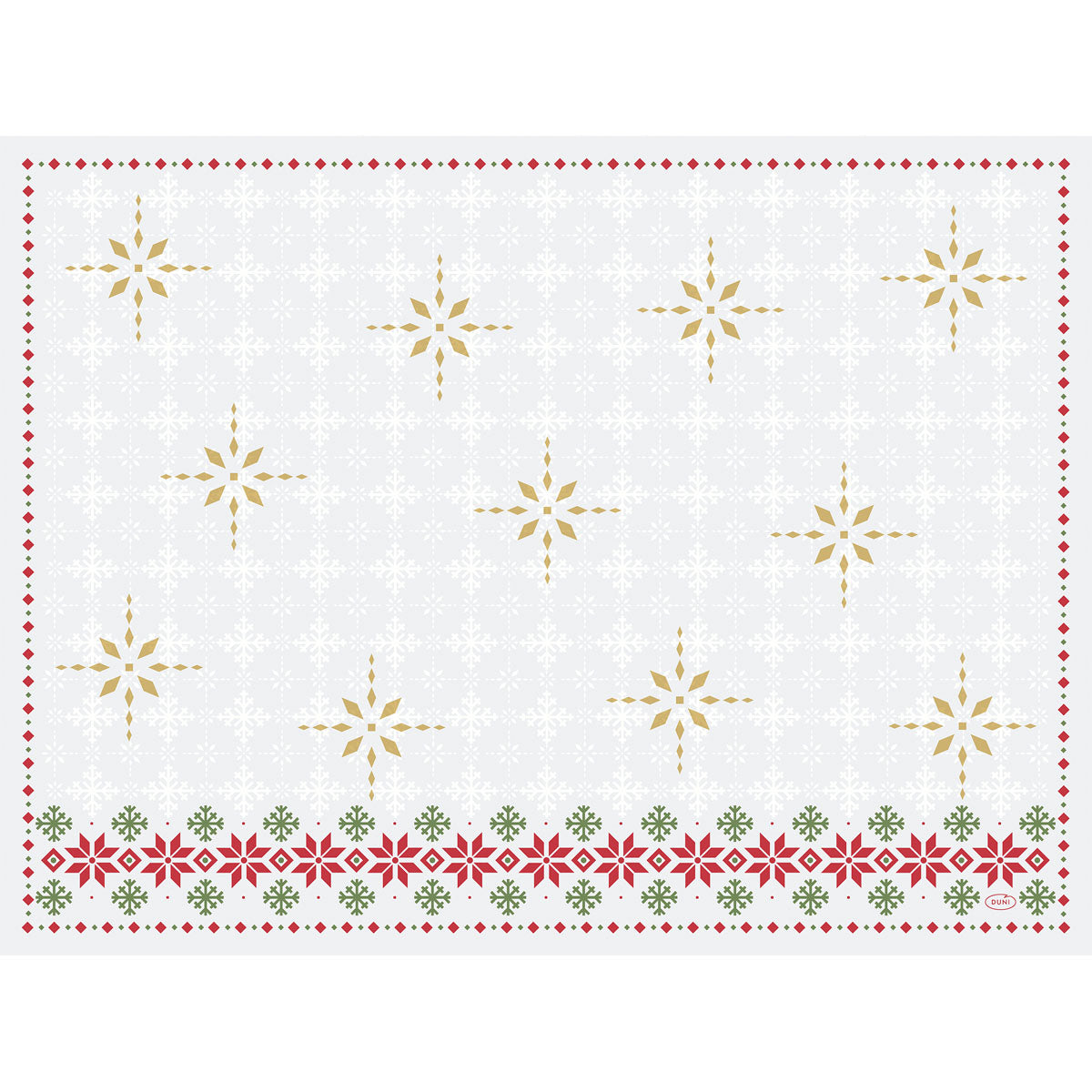 Das Tischset Dunicel-Sets 30x40 der Duni GmbH ist rechteckig, weiß und mit goldenen und grauen Schneeflocken sowie einer roten und grünen Blumenborte am unteren Rand verziert.