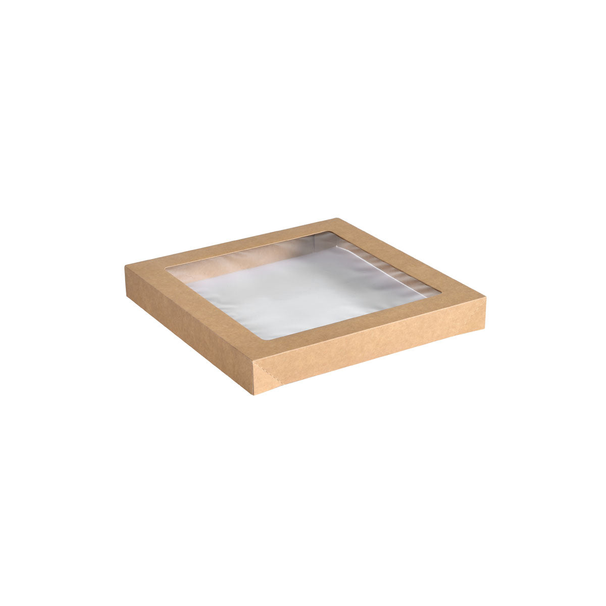 Der Duni GmbH Catering-Deckel Cardboard/PLA in kleinem Braun (229x228 mm) ist ein quadratischer, flacher Kartondeckel mit einem transparenten biologisch abbaubaren PLA-Fenster, abgebildet auf weißem Hintergrund. Die Packung enthält 100 Stück.