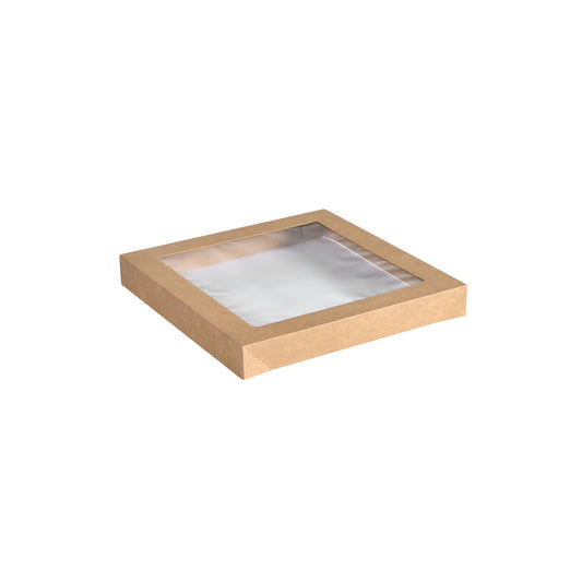 Der Duni GmbH Catering-Deckel Cardboard/PLA in kleinem Braun (229x228 mm) ist ein quadratischer, flacher Kartondeckel mit einem transparenten biologisch abbaubaren PLA-Fenster, abgebildet auf weißem Hintergrund. Die Packung enthält 100 Stück.