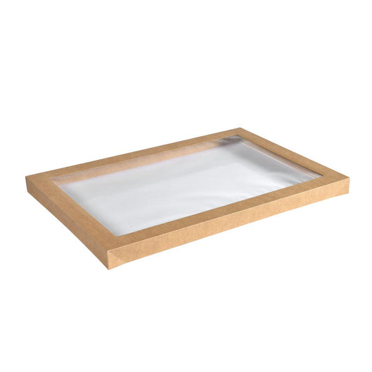 Der Catering-Deckel aus braunem Karton und PLA von Duni GmbH (455x313 mm, 50 Stück) hat ein transparentes Sichtfenster, ist biologisch abbaubar, leer und auf weißem Hintergrund platziert.