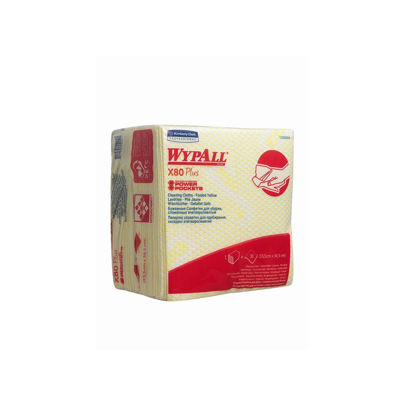 Die WypAll® X80 Plus Critical Clean Interfold (Gelb, 8 Beutel x 30 Tücher) von Kimberly-Clark GmbH hat eine gelbe Verpackung mit Abbildungen und Informationen auf der Vorderseite - ideal für kritische Bereiche.