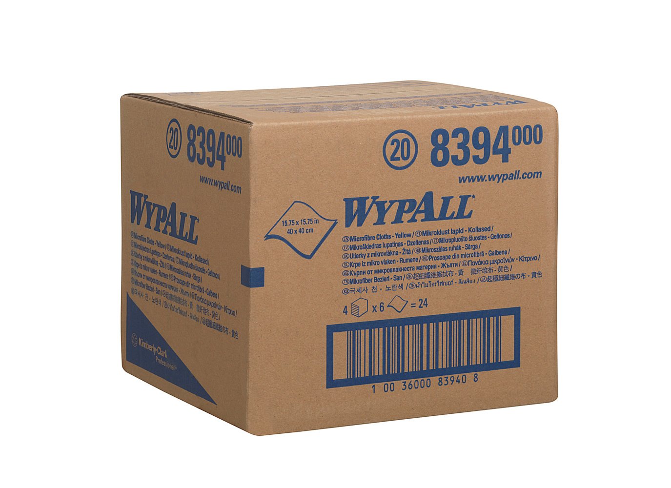 Ein brauner Karton mit der Aufschrift "WypAll", blauer Schrift und der Nummer 8394 enthält WypAll® Mikrofasertücher - flaches Tuch / 40 x 40 cm von Kimberly-Clark GmbH. Der verschlossene Karton zeigt auf den Seiten Produktinfos, einen Barcode und Maßangaben.