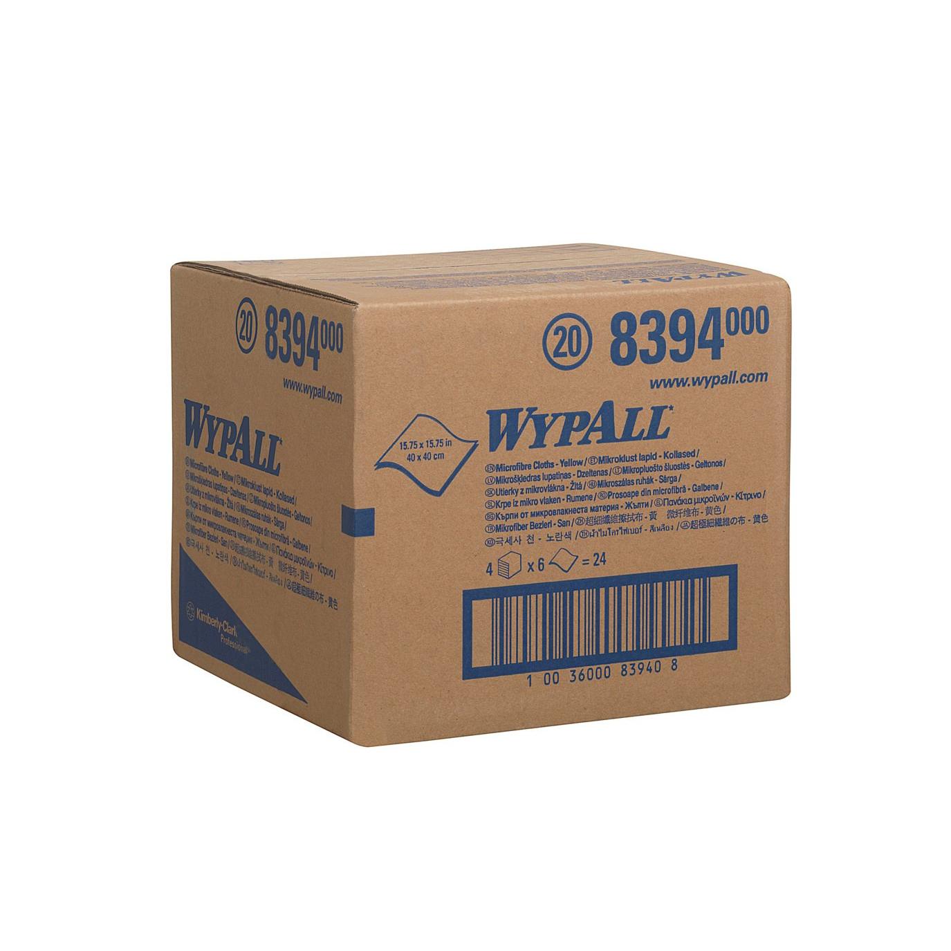 Ein brauner Karton mit der Aufschrift "WypAll", blauer Schrift und der Nummer 8394 enthält WypAll® Mikrofasertücher - flaches Tuch / 40 x 40 cm von Kimberly-Clark GmbH. Der verschlossene Karton zeigt auf den Seiten Produktinfos, einen Barcode und Maßangaben.